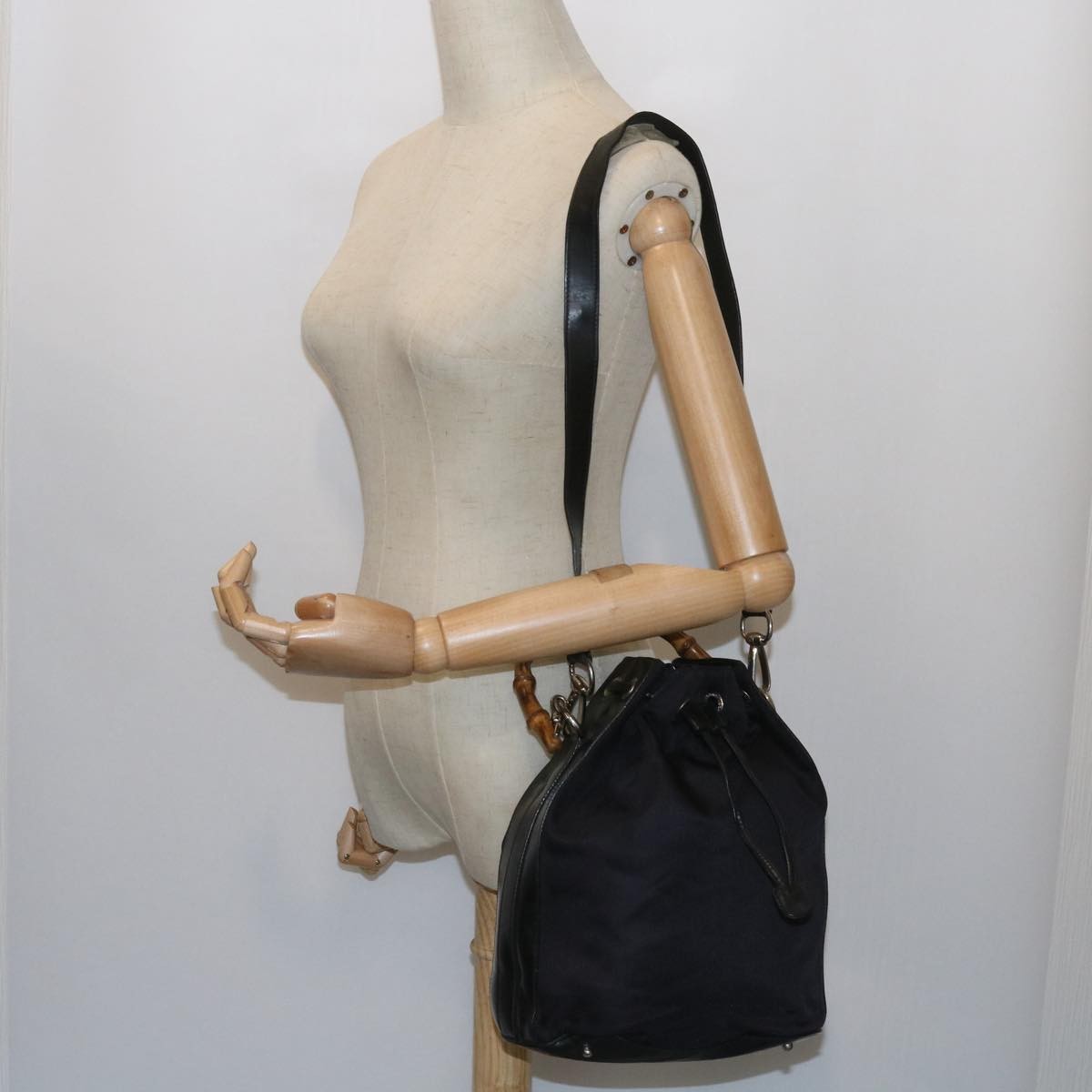 Gucci Vintage Bamboo Shoulder Bag Nylon, BLACK, NYLON, Shoulder bag