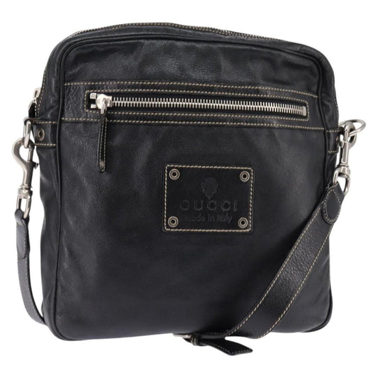 Gucci Front Zip Messenger Leather, BLACK, LEATHER, Shoulder bag