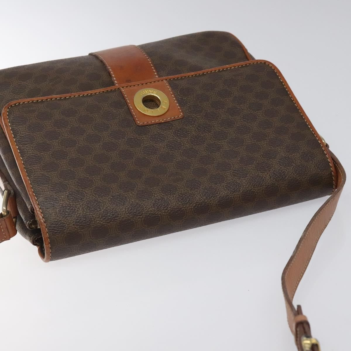 Celine Vintage Macadam Circle Logo Shoulder Bag Canvas and Leather, Brown, Canvas, Shoulder Bag