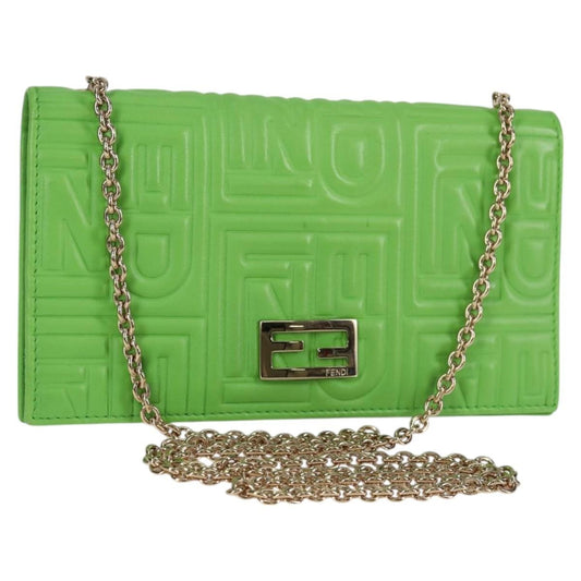 Fendi Wallet on Chain Logo Embossed Leather, GREEN, LEATHER, Wallets