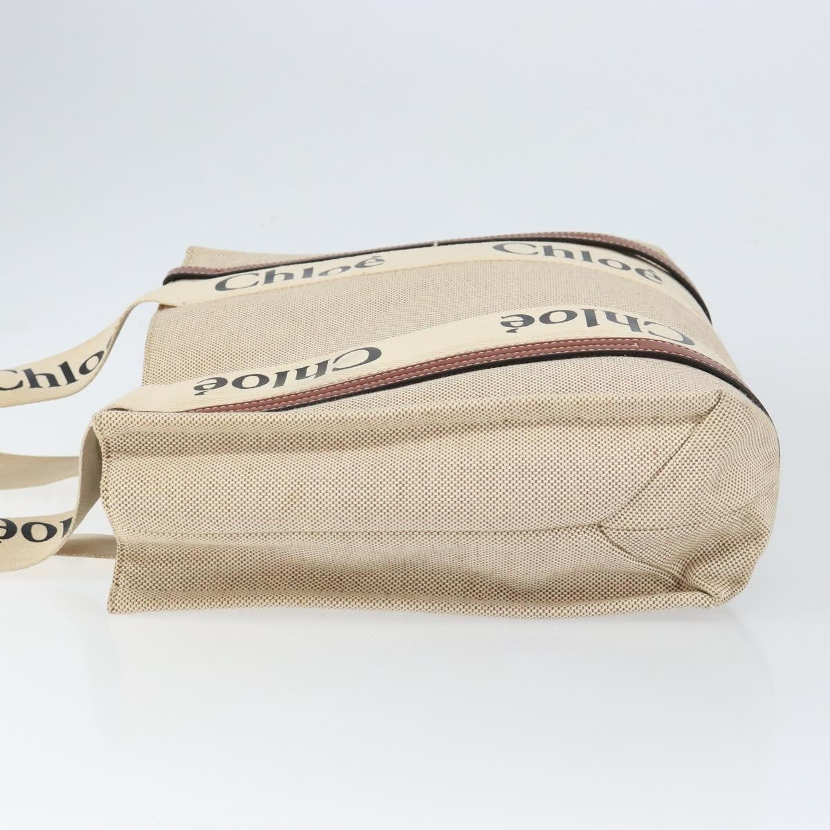 Chloe Woody Tote Canvas with Leather, BEIGE, CANVAS, Tote bag