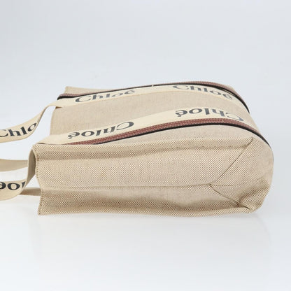 Chloe Woody Tote Canvas with Leather, BEIGE, CANVAS, Tote bag