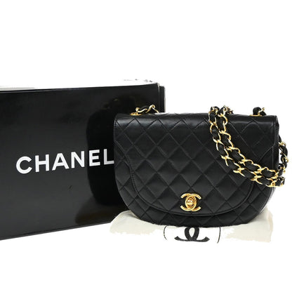 Chanel Vintage Half Moon Flap Bag Quilted lambskin, BLACK, LEATHER, Shoulder bag