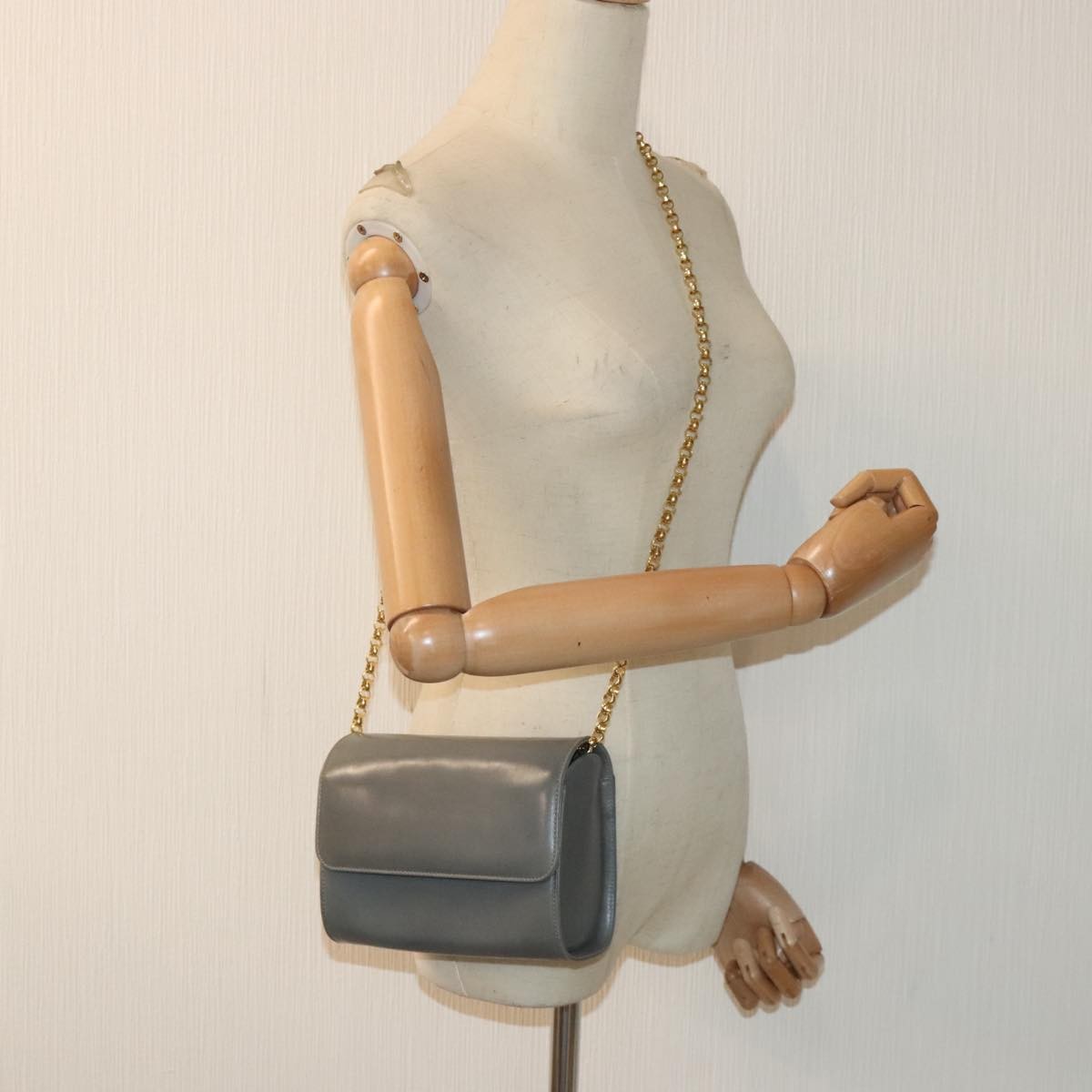 Salvatore Ferragamo Vintage Flap Chain Shoulder Bag Leather, GRAY, LEATHER, Shoulder bag