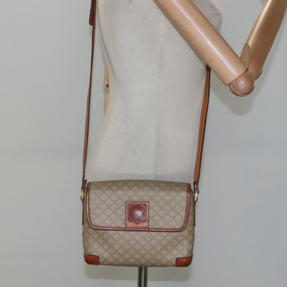 Celine Vintage Macadam Shoulder Bag Canvas and Leather, BEIGE, CANVAS, Shoulder bag