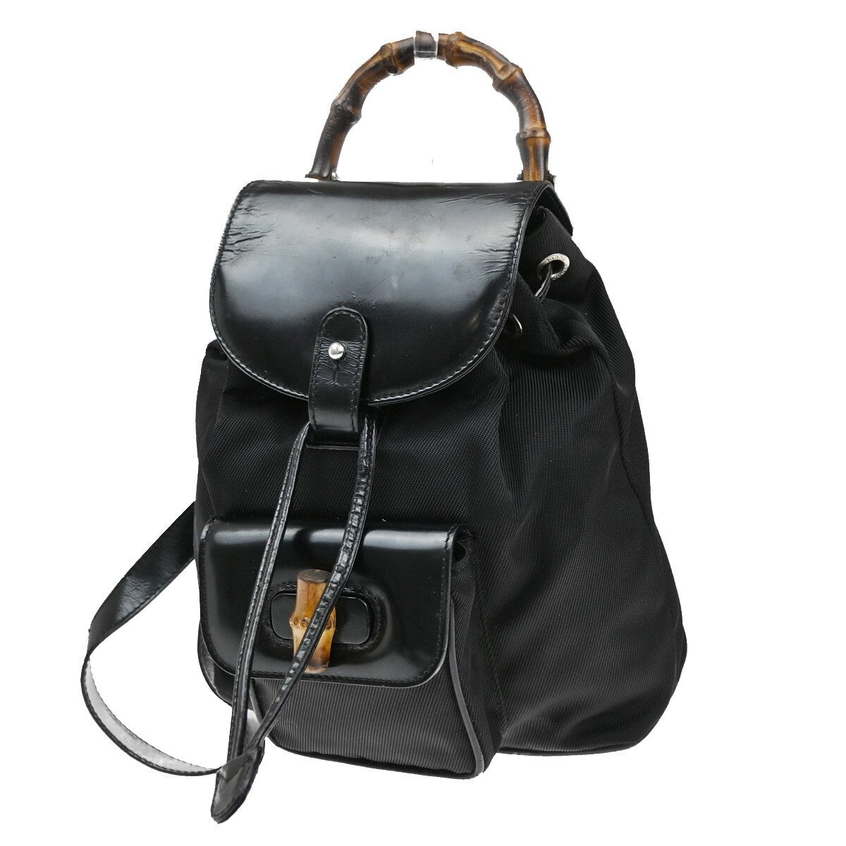 Gucci Vintage Bamboo Backpack Nylon and Patent Leather, BLACK, NYLON, Backpack