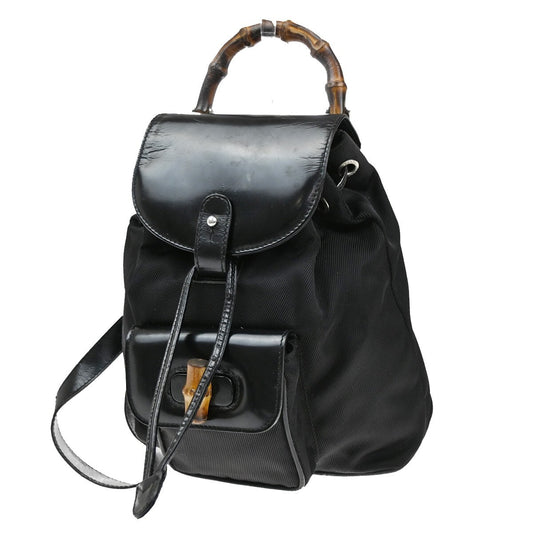 Gucci Vintage Bamboo Backpack Nylon and Patent Leather, BLACK, NYLON, Backpack