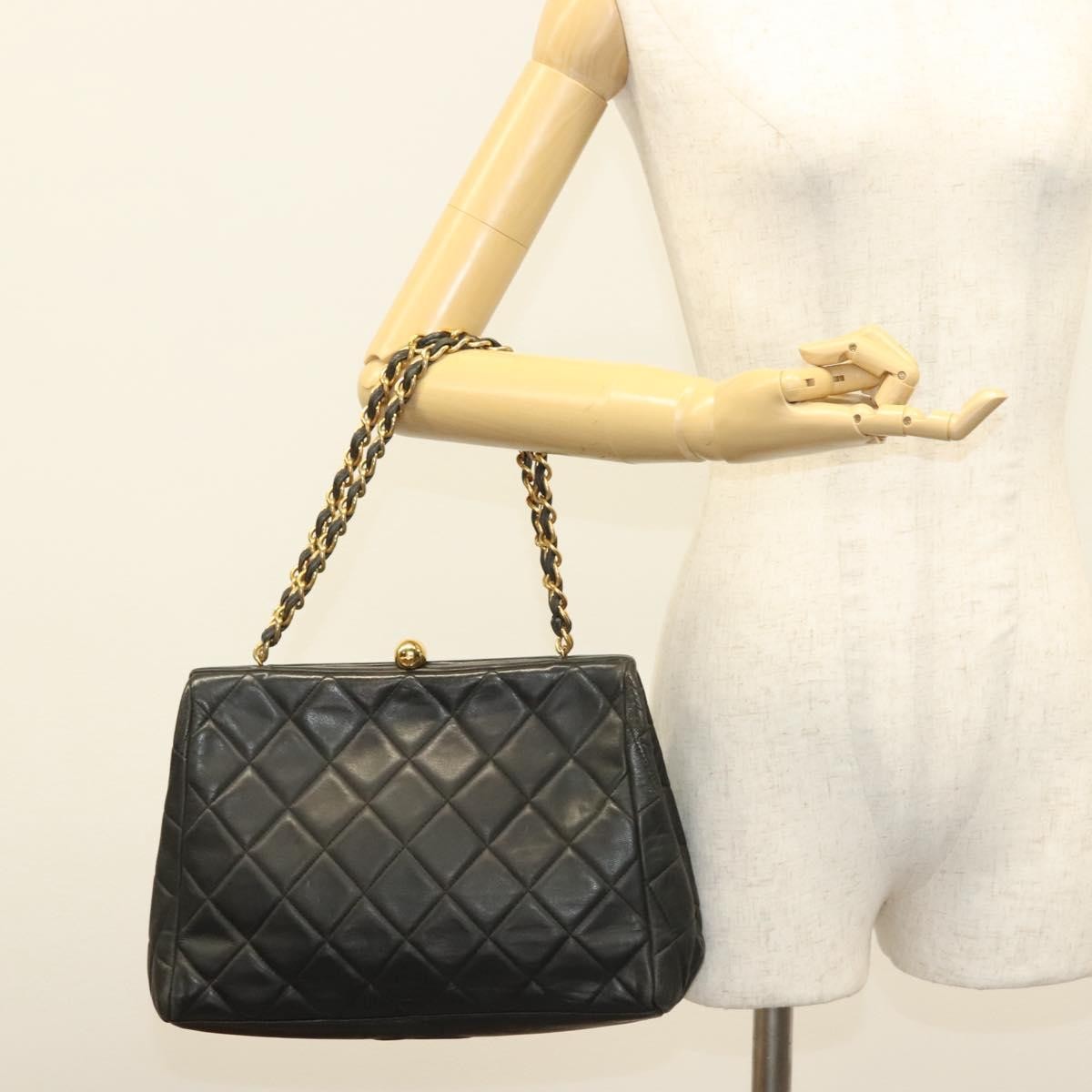 Chanel Vintage Chain Frame Bag Quilted Lambskin, BLACK, LEATHER, Shoulder bag