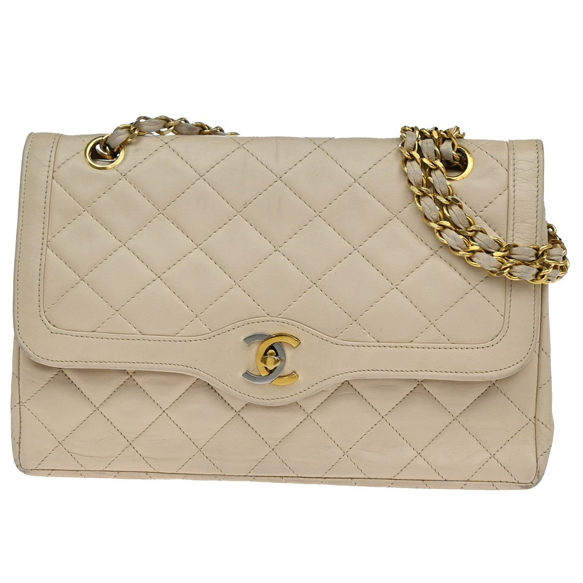 Chanel Vintage Two Tone CC Flap Bag Quilted Lambskin, BEIGE, LEATHER, Shoulder bag
