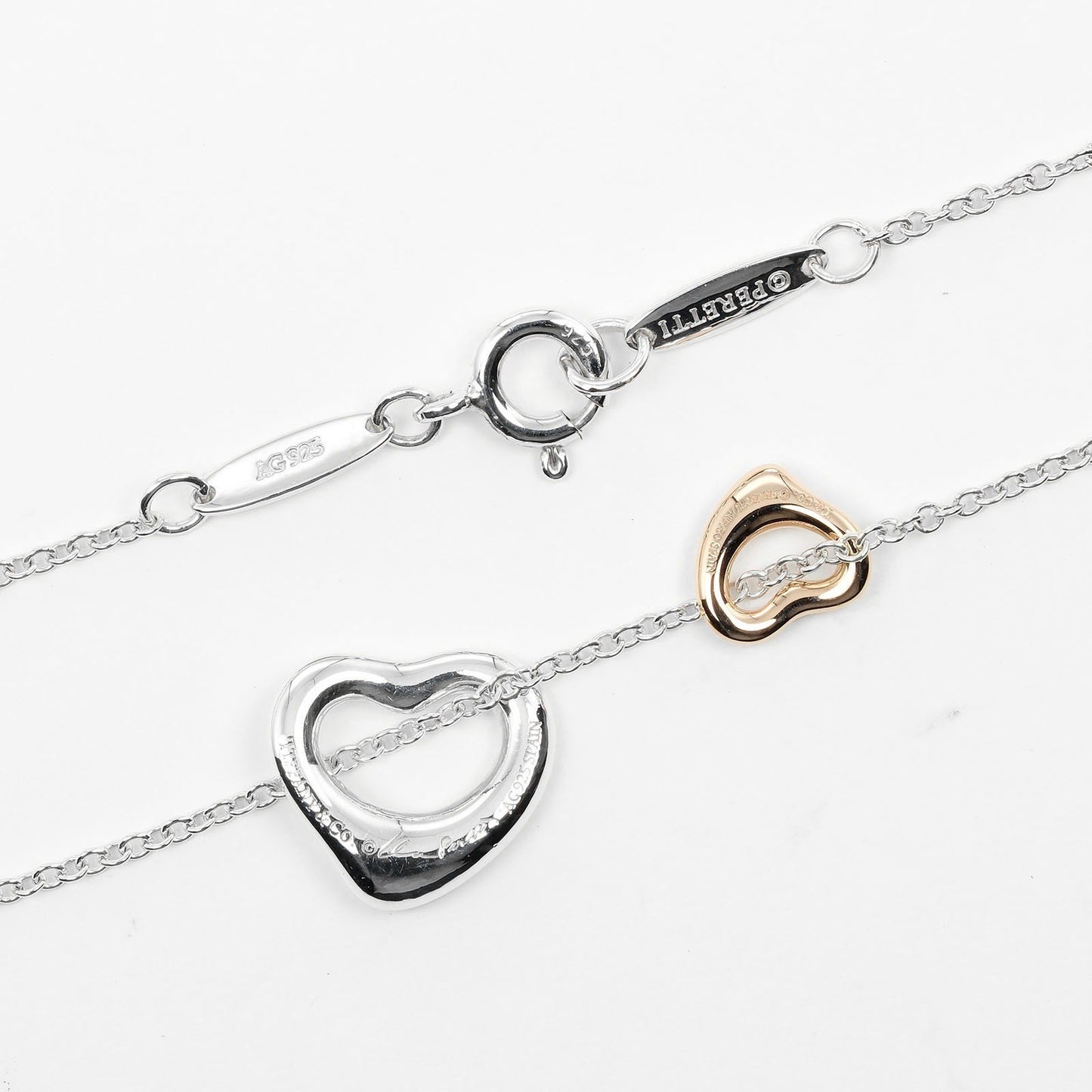 Tiffany & Co. Elsa Peretti Double Open Heart Pendant Necklace Sterling Silver and 18K Rose Gold, SILVER, SILVER, Necklace