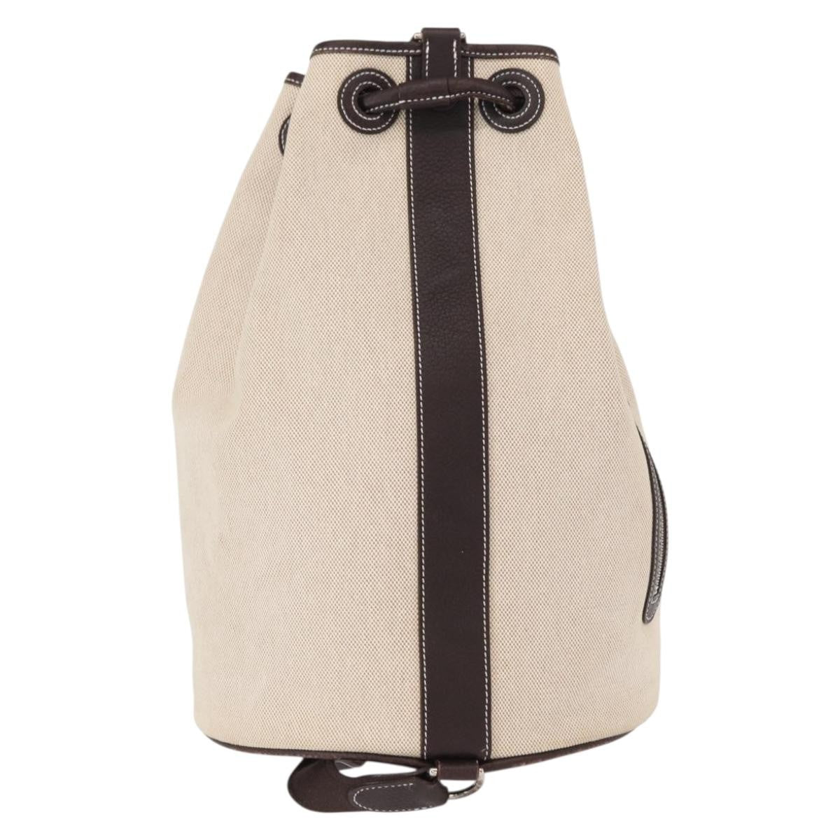 Hermes Sac Marin Recif Drawstring Bag Toile with Leather, BEIGE, CANVAS, Shoulder bag