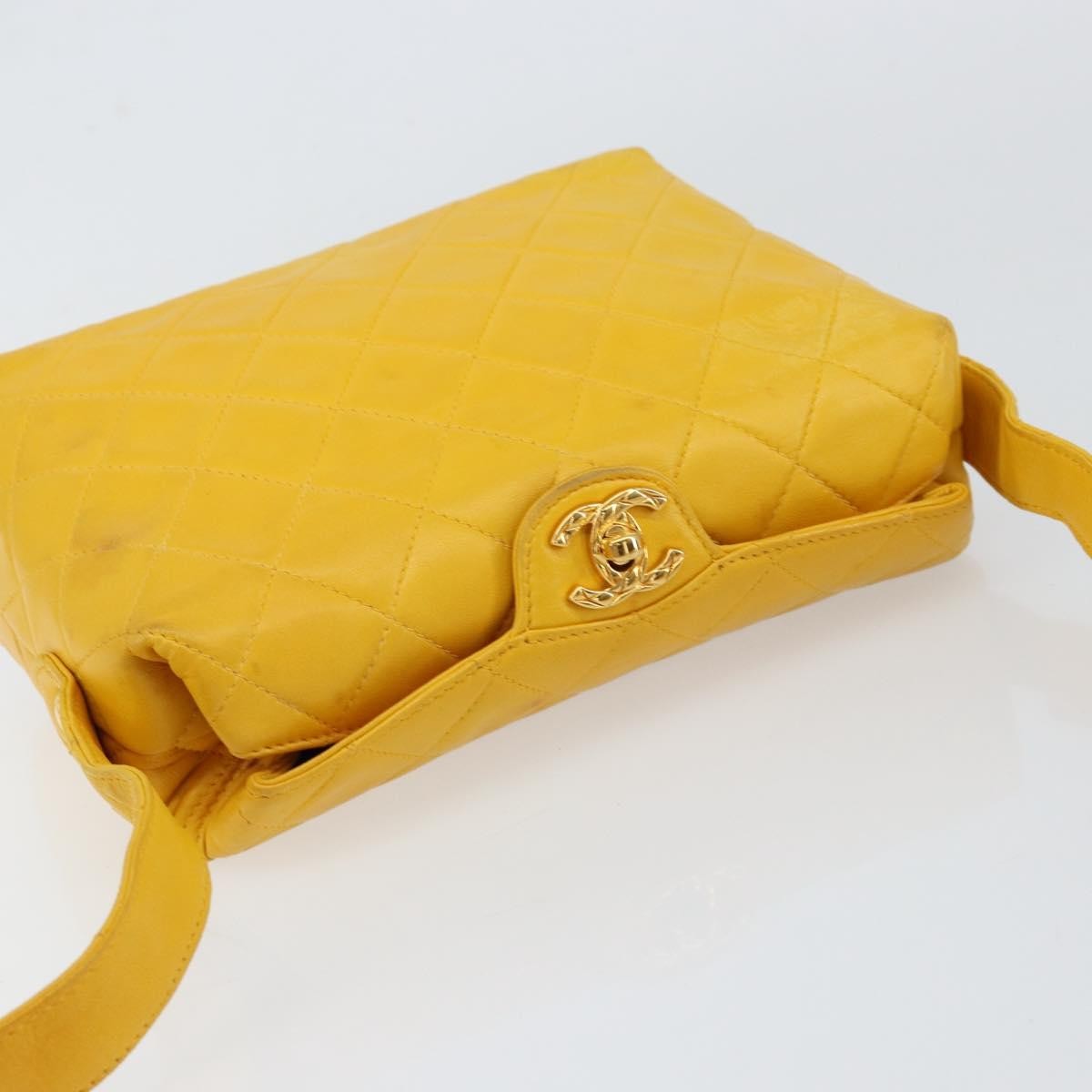 Chanel Vintage CC Fold Over Shoulder Bag Quilted Lambskin, YELLOW, LEATHER, Shoulder bag