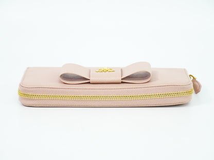 Prada Bow Zip Around Wallet Saffiano Leather, PINK, LEATHER, Wallets