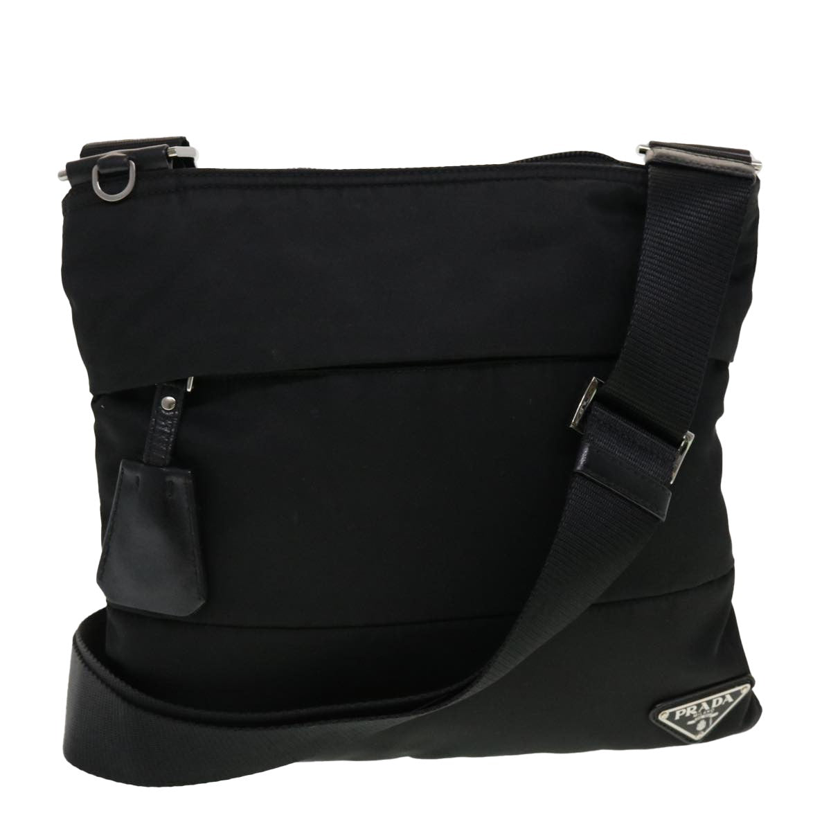 Prada Zip Messenger Bag Horizontal Quilt Tessuto, BLACK, NYLON, Shoulder bag