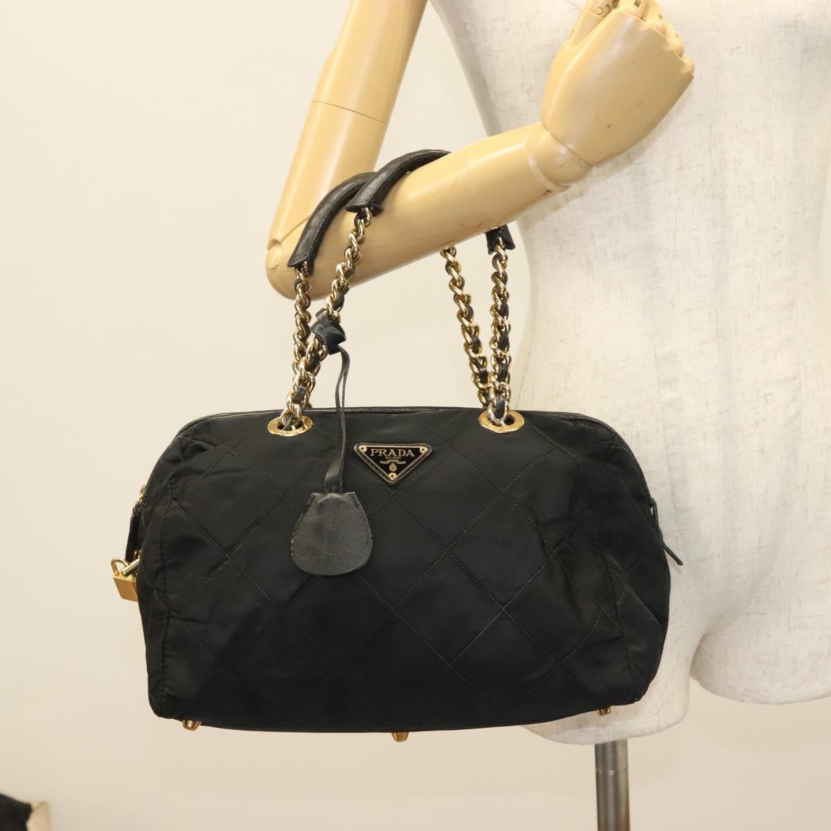 Prada Chain Shoulder Bag Tessuto, BLACK, NYLON, Shoulder bag