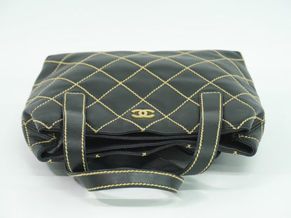 Chanel Surpique Tote Quilted Leather, BLACK, LEATHER, Handbag