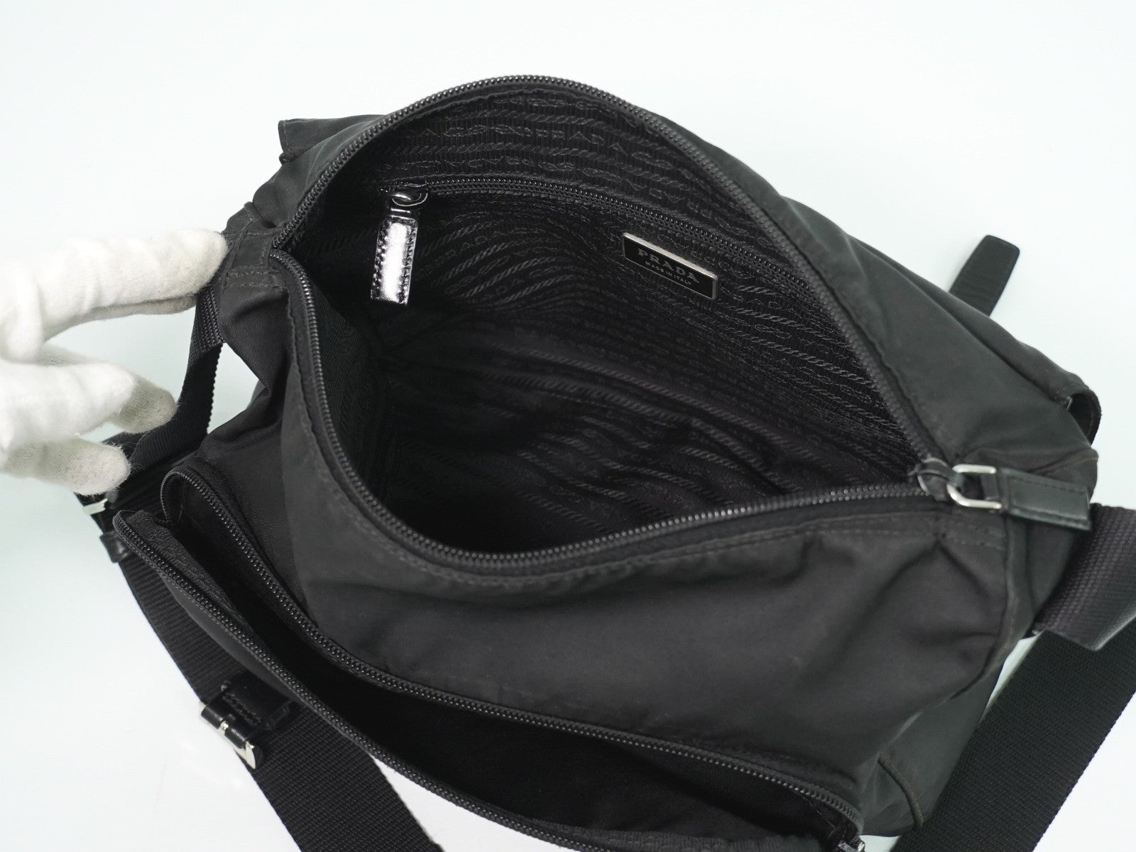 Prada Zip Buckle Messenger Bag Tessuto, BLACK, NYLON, Shoulder bag