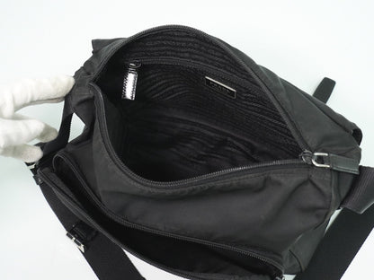 Prada Zip Buckle Messenger Bag Tessuto, BLACK, NYLON, Shoulder bag