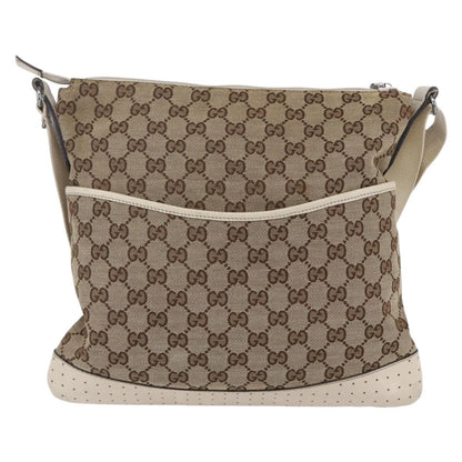 Gucci Zip Messenger Bag GG Canvas with Perforated Leather, BEIGE, CANVAS, Shoulder bag