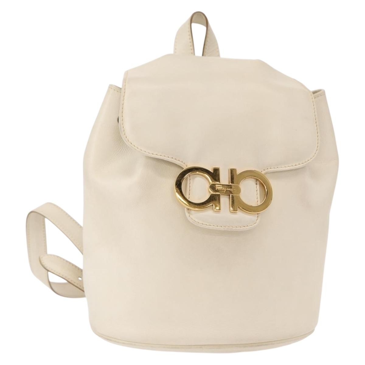 Salvatore Ferragamo Gancini Flap Drawstring Backpack Leather, WHITE, LEATHER, Backpack
