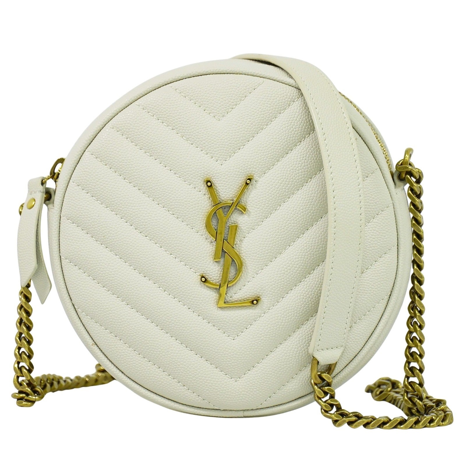 Saint Laurent Vinyle Round Camera Bag Matelasse Chevron Leather, WHITE, LEATHER, Crossbody bag