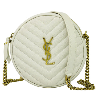 Saint Laurent Vinyle Round Camera Bag Matelasse Chevron Leather, WHITE, LEATHER, Crossbody bag