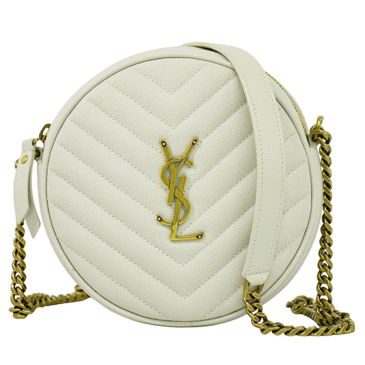 Saint Laurent Vinyle Round Camera Bag Matelasse Chevron Leather, WHITE, LEATHER, Crossbody bag