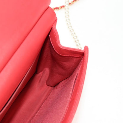 Chanel Pearl Chain Flap Bag Quilted Lambskin, RED, CALFSKIN, Clutche & pouche