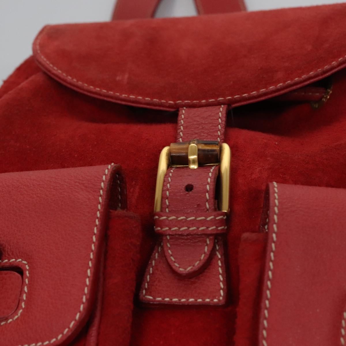 Gucci Vintage Bamboo Backpack Suede and Leather, Red, Suede, Backpack