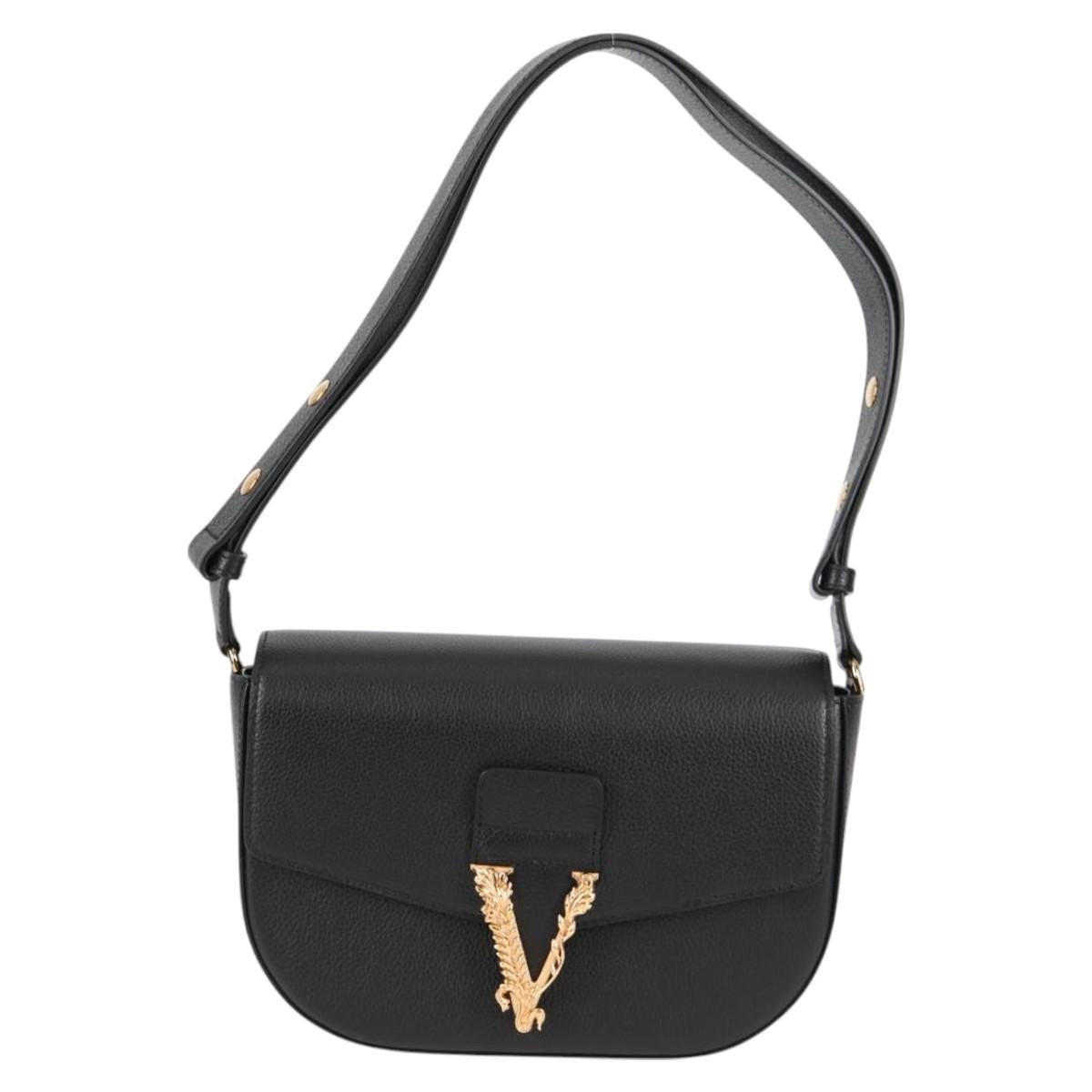 Versace Virtus Flap Messenger Bag Leather, BLACK, LEATHER, Crossbody bag