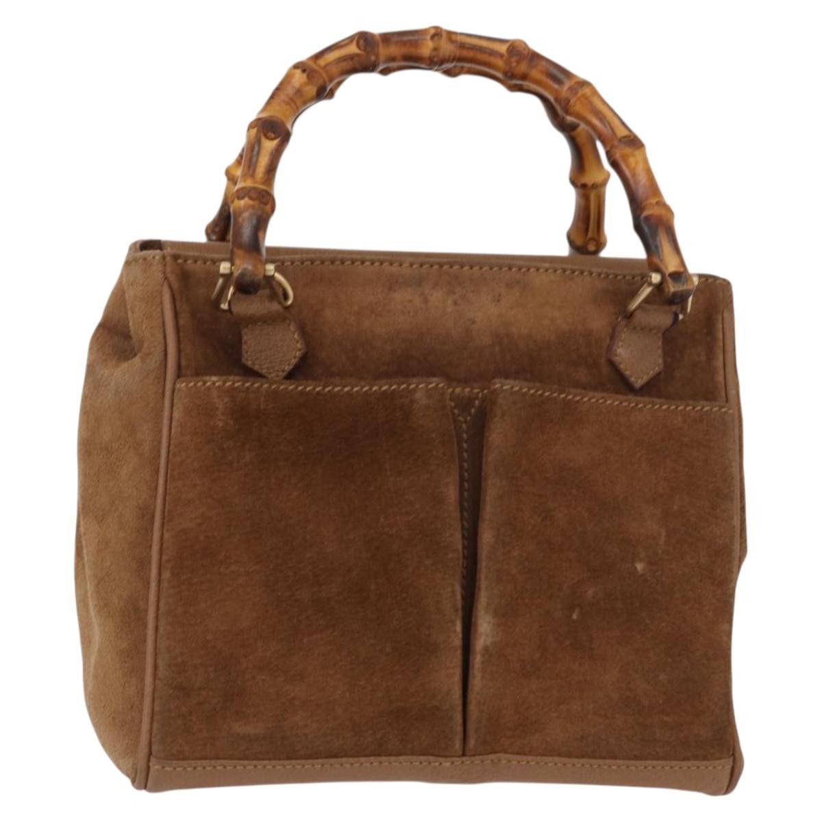 Gucci Vintage Bamboo Front Pocket Tote Suede, BROWN, SUEDE, Tote bag