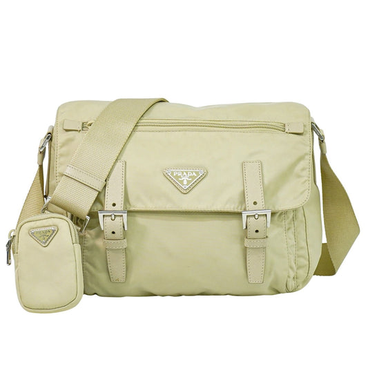 Prada Double Buckle Flap Messenger Bag Re-Nylon, BEIGE, NYLON, Shoulder bag