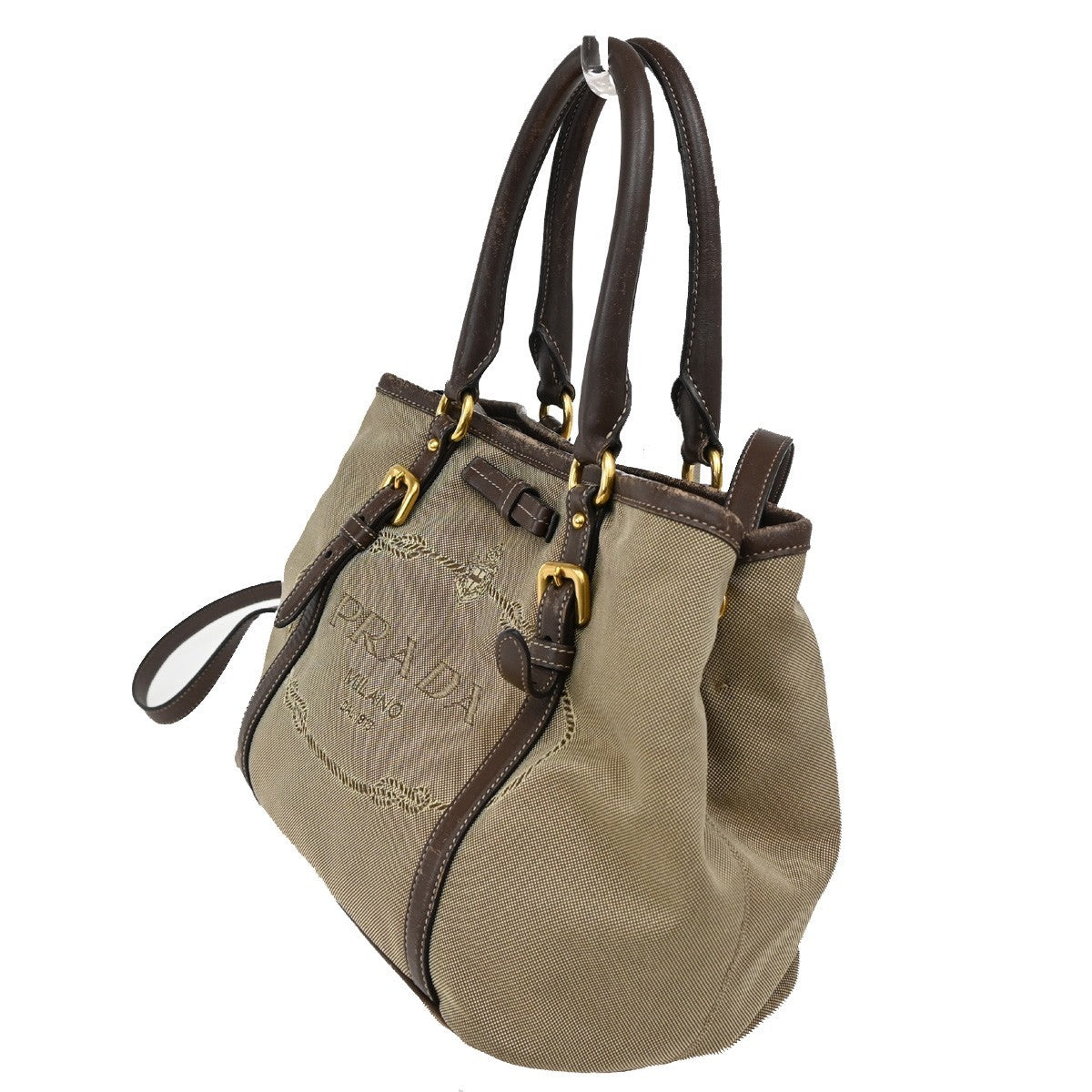 Prada Logo Convertible Tote Canvas with Leather, BROWN, CANVAS, Tote bag