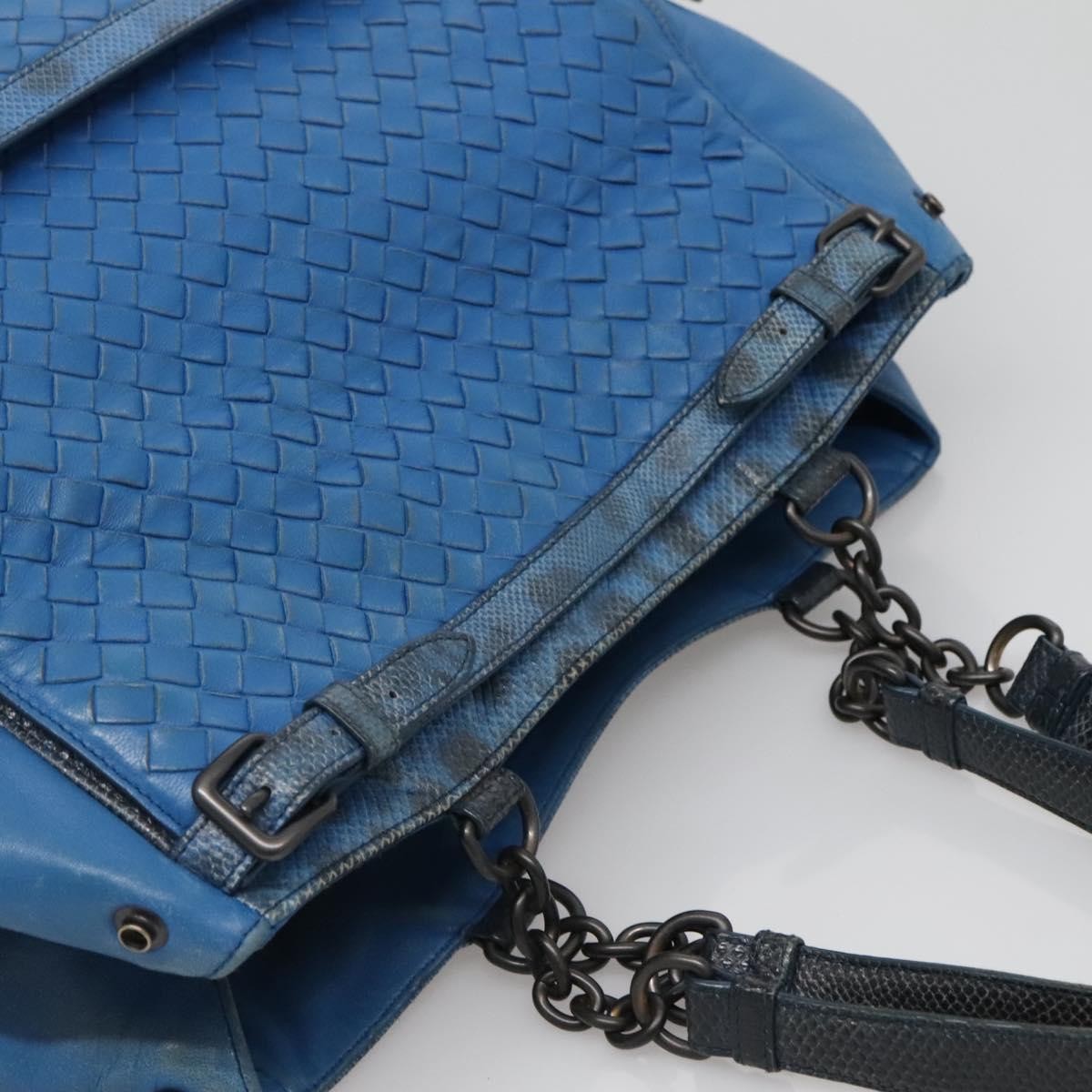 Bottega Veneta Belted Zip Chain Tote Intrecciato Nappa with Snakeskin, BLUE, LEATHER, Tote bag