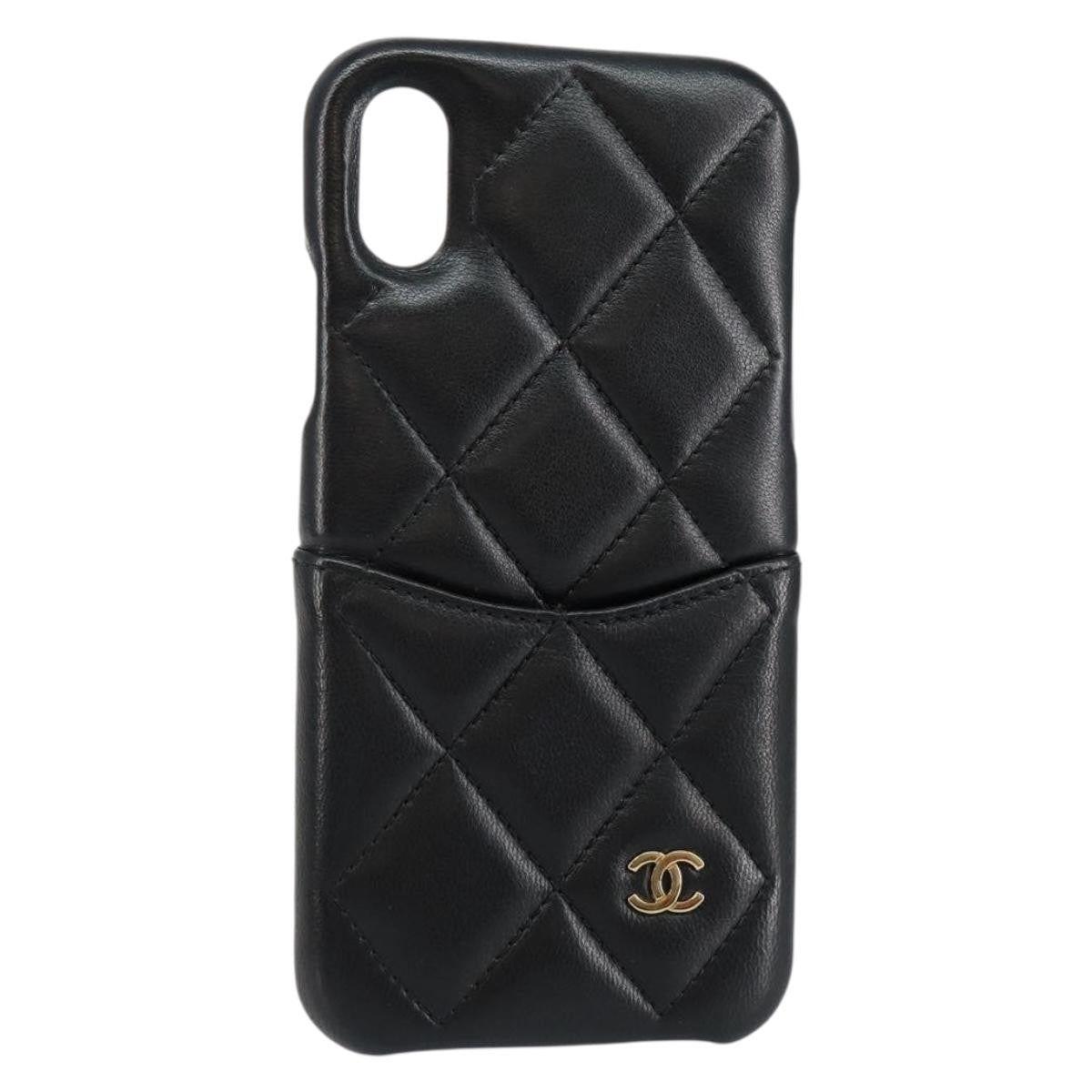 Chanel Iphone Case Quilted Lambskin, BLACK, LEATHER, Tech accessory