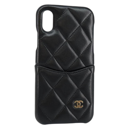 Chanel Iphone Case Quilted Lambskin, BLACK, LEATHER, Tech accessory