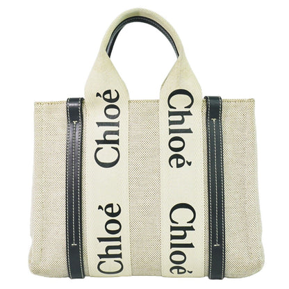 Chloe Woody Tote Canvas with Leather, WHITE, CANVAS, Tote bag