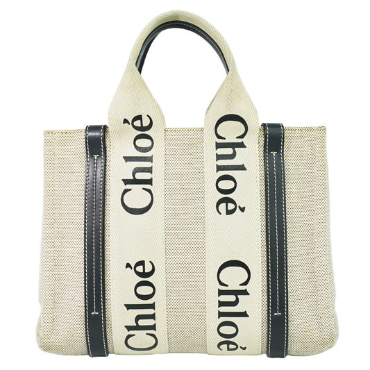 Chloe Woody Tote Canvas with Leather, WHITE, CANVAS, Tote bag