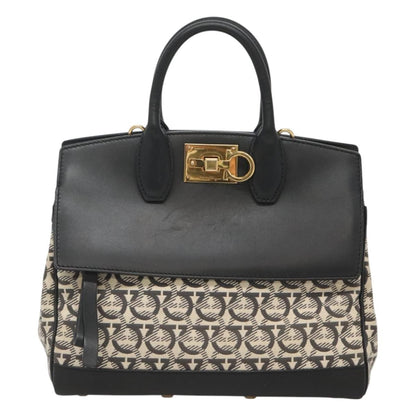 Salvatore Ferragamo Studio Satchel Gancini Jacquard and Leather, BLACK, CANVAS, Handbag