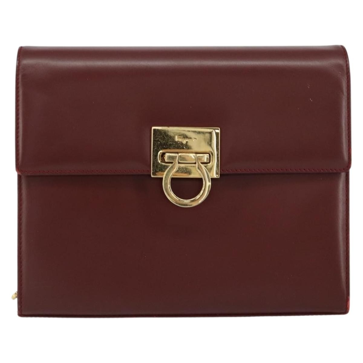 Salvatore Ferragamo Vintage Gancini Chain Shoulder Bag Leather, BURGUNDY, LEATHER, Shoulder bag