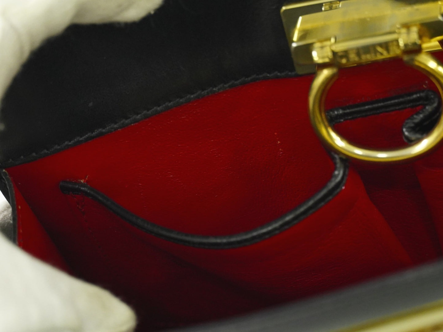 Celine Gancini Handbag Leather, BLACK, LEATHER, Handbag