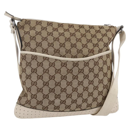 Gucci Zip Messenger Bag GG Canvas with Perforated Leather, BEIGE, CANVAS, Shoulder bag