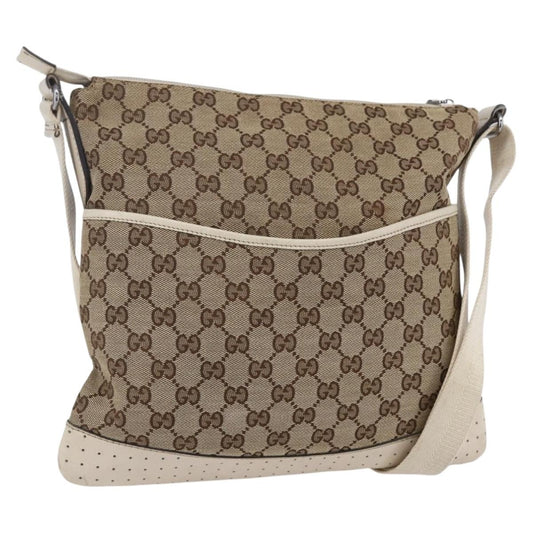 Gucci Zip Messenger Bag GG Canvas with Perforated Leather, BEIGE, CANVAS, Shoulder bag