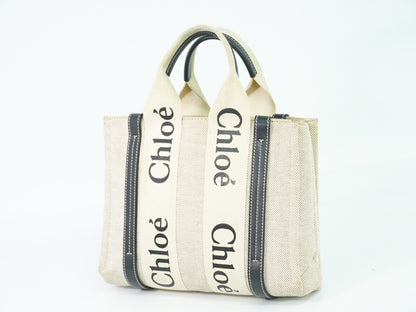 Chloe Woody Tote Canvas with Leather, WHITE, CANVAS, Tote bag