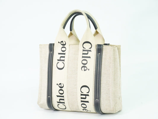 Chloe Woody Tote Canvas with Leather, WHITE, CANVAS, Tote bag