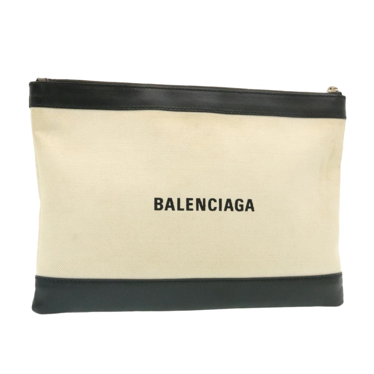 Balenciaga Navy Zip Pouch Canvas and Leather, WHITE, CANVAS, Clutche & pouche