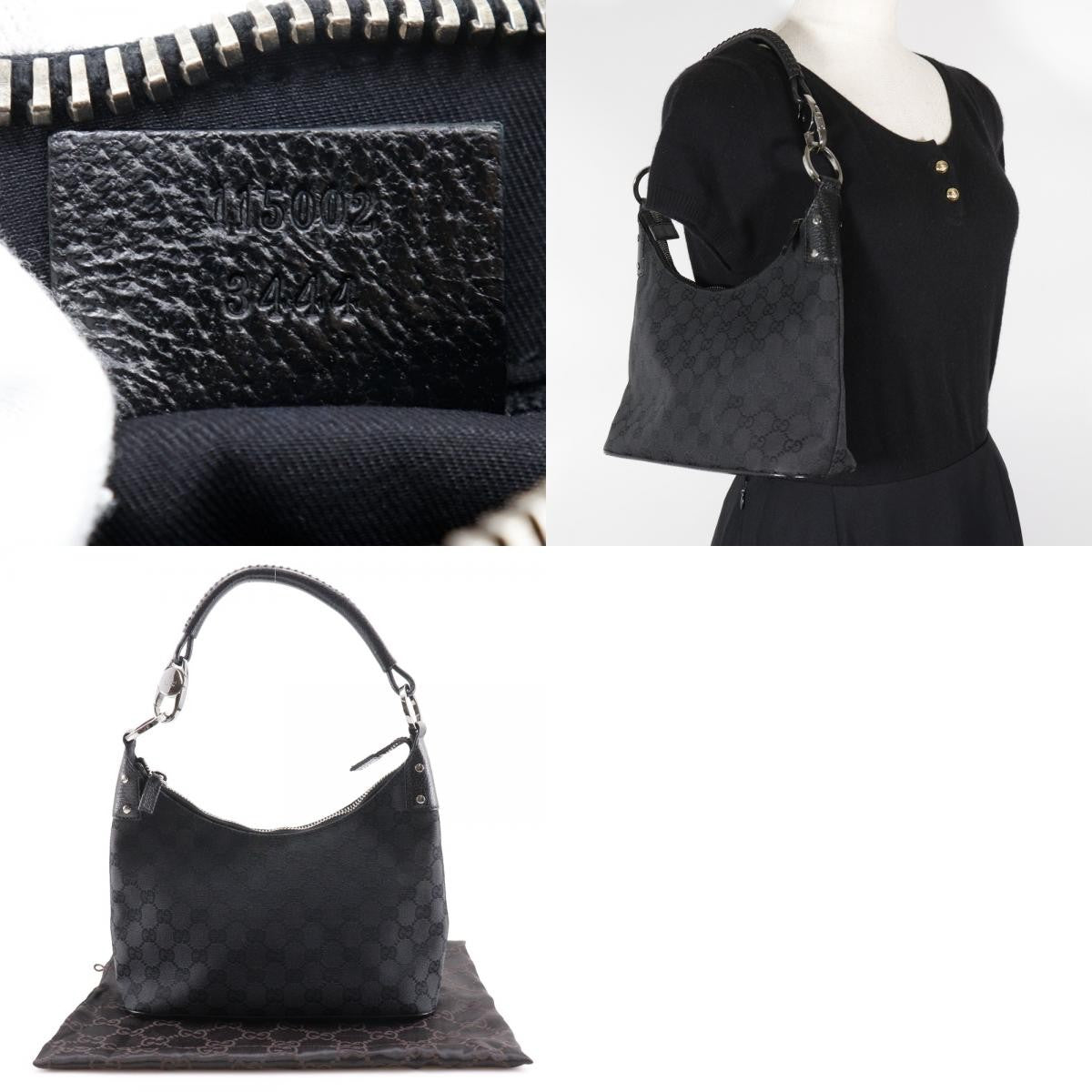 Gucci Ring Handle Zip Hobo GG Canvas, BLACK, CANVAS, Shoulder bag