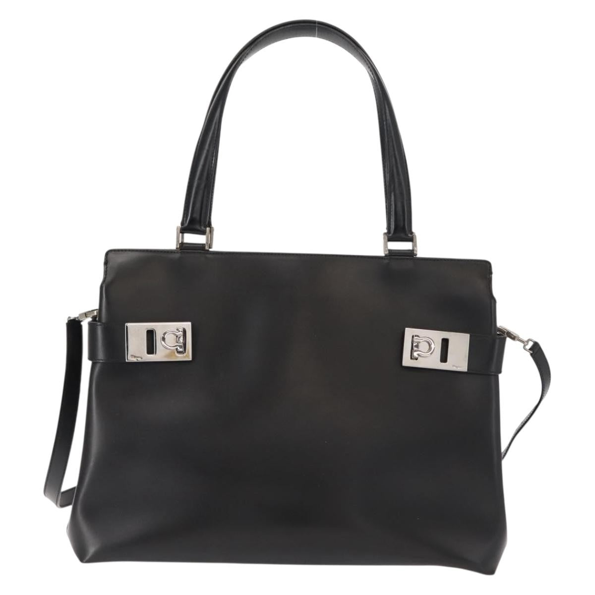 Salvatore Ferragamo Double Gancini Side Buckle Tote Leather, BLACK, LEATHER, Handbag