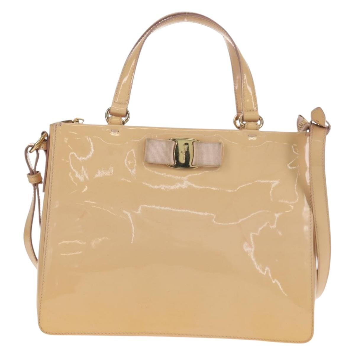 Salvatore Ferragamo Convertible Vara Bow Tote Patent Leather, BEIGE, PATENT_LEATHER, Tote bag
