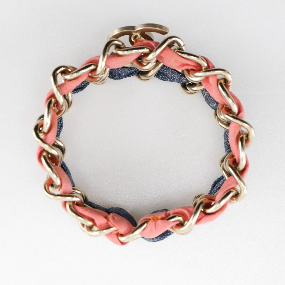 Chanel Coco mark chain 2 bracelet Metal and denim, SILVER, METAL, Bracelet